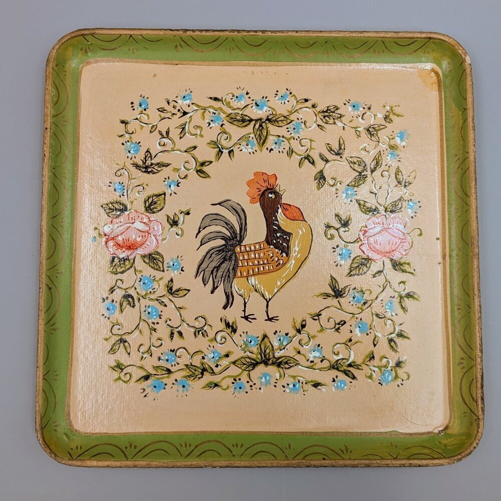 Vintage Rooster Floral Trays: Hand-Painted Papier-Mâché Country Decor (Set of Tw - Picture 4 of 7